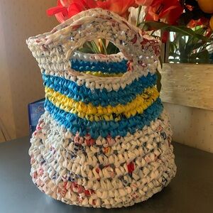 Recycled PLASTIC BAG tote, WHITE with RED, BLUE and YELLOW. HANDMADE, UNIQUE!